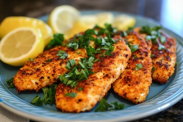 Golden crispy fish fillets with lemon wedges, parsley on a blue plate. Use this for culinary articles, menus, or healthy recipe blogs.