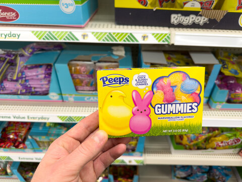 Peeps easter edition Gummies marshmallow candy seen in Dollar Tree Store.