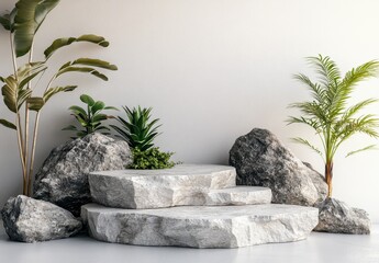 Three Tiered Stone Podium Surrounded By Plants Against Textured White Wall For Product Display in Studio Setting