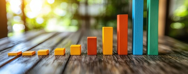 Colorful wooden bars arranged in increasing heights on a wooden surface, symbolizing growth or progress in a natural setting.