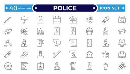 Police outline icon. Law and Judgement line icons Illustration. Justice, Court of law and Government outline icon set. Editable stroke outline icon.
