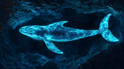 Fototapeta premium 40. A bioluminescent whale drifting through an endless trench, leaving a glowing trail