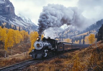 Vintage Steam Locomotive Traversing Through Autumn Landscape with Golden Hued Leaves in Mountains