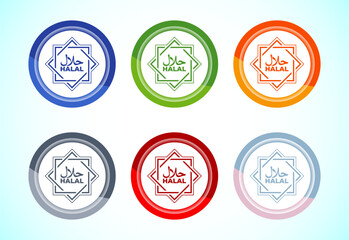 Halal icon design illustration, Halal Certificate tag, Islamic approved sign, 6 color button design set
