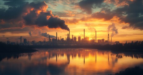 An industrial complex is seen reflecting in still water during sunset
