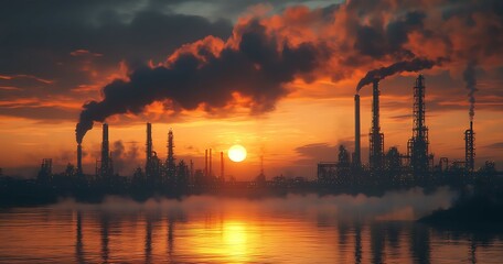 Industrial pollution and a beautiful sunset on a serene reflective lake