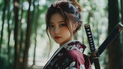 Young woman in traditional Japanese attire, holding katana swords, in a forest.