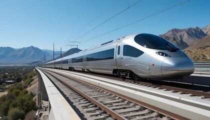 Fototapeta premium Modern Streamlined Train Passing Through Scenic Landscape. Dynamic High Speed Train with Mountain View and Clear Sky