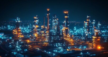 Fototapeta premium Industrial complex illuminated by various lights in the evening sky