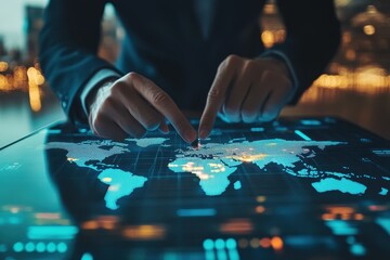 Man's hands point at Europe on a digital world map display. Visualize global business, strategy, and international relations.