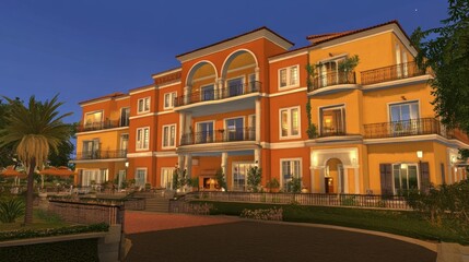 Fototapeta premium Mediterranean Style Mansion Evening Illumination