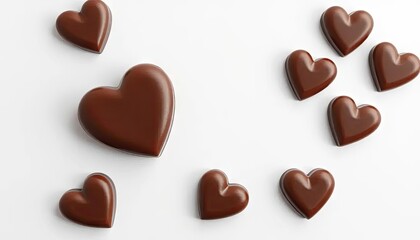 Fototapeta premium Dark chocolate hearts scattered on white background