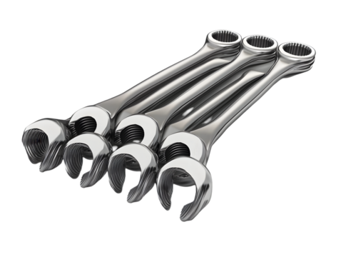 Arrangement of Shiny Wrenches on Transparent Background for Automotive Repair