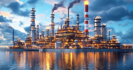 Fototapeta premium An illuminated industrial complex reflects on a calm water surface