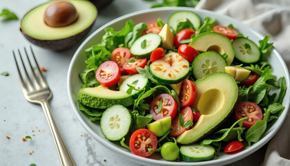 A clean, well-lit overhead shot of a fresh vegetable salad with avocados, tomatoes, cucumbers, and leafy greens, served in a white bowl.