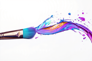 Paintbrush flicking vibrant paint splashes in a dynamic sweeping motion, isolated on white