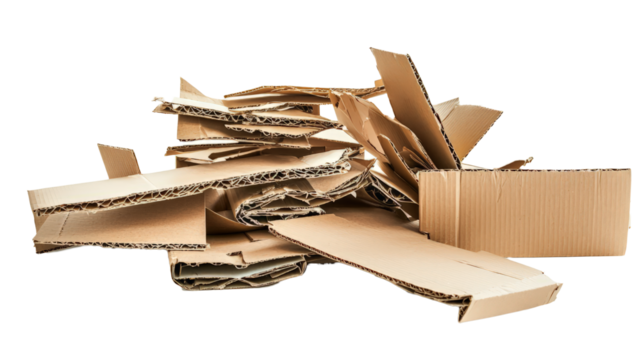 Pile of flat-pack cardboard boxes, on a white background
