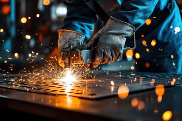 Welder in gloves works with welding machine, sparks fly. Perfect for industry, manufacturing, or skilled labor visuals.