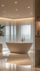 Modern bathtub in luxury bathroom, city view