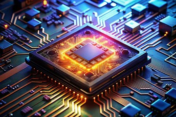 Fototapeta premium Glowing AI Chip Close-Up: Futuristic Circuit Board Technology