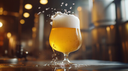 A craft beer pour in mid-air, foam suspended as droplets of condensation dance along the glass, light streaming from the side, artistic brewery vibe