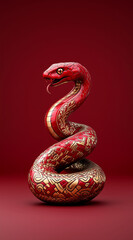 A serpentine sculpture in decorative red and gold tones coils sinuously against a matching red backdrop, conveying an exotic and luxurious style.