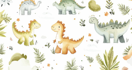 Charming Watercolor Baby Dinosaur Seamless Pattern for Kids in Minimalist Style