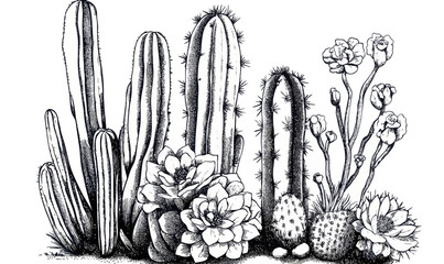 Hand-Drawn Cactus Set in Engraving Style Vector Illustration for Minimalist Designs