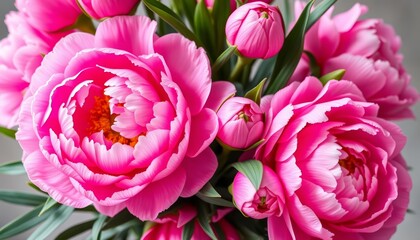 Obraz premium Elegant pink peony bouquet, happy birthday greeting card, celebration, design