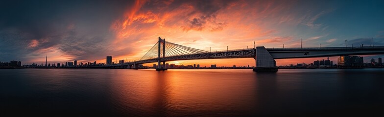 Spectacular Sunset Over a Long Bridge Spanning the River