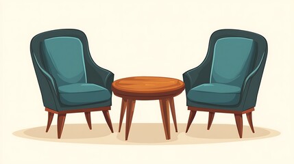 Obraz premium Teal armchairs with round table, and cafe.