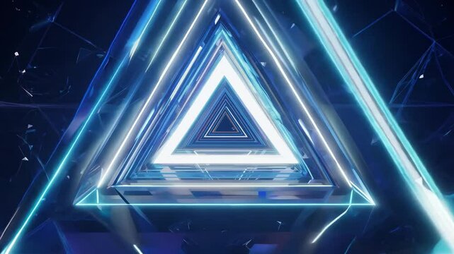 Neon triangle portal with blue glowing lights and futuristic tunnel perspective