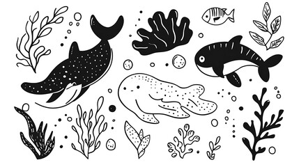 Ocean Animals Cute Black  White Illustration.