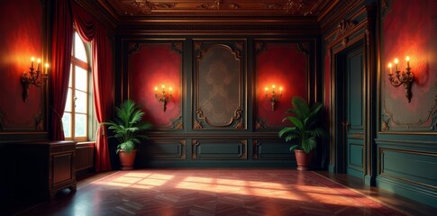 Elegant room with intricate baroque wallpaper and dim lighting, wallpaper, baroque