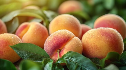A bunch of peaches are sitting on a leafy green background
