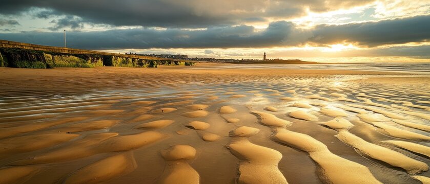 Tranquil Silex Beach at Sunset: Golden Sand Ripples Under a Dramatic Sky