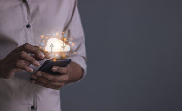 Young man with smartphone mobile hand touching to cloud computing diagram, Data storage, Cloud technology, Cloud Computing Storage