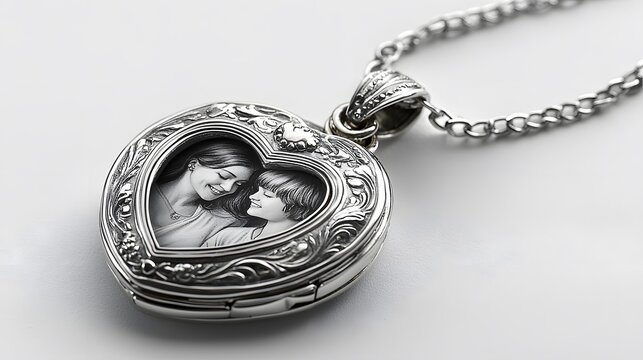 Heart-shaped locket with photo, silver chain, white background