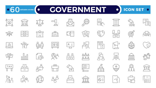 Government outline icon set. Containing community center, public park, city hall, government, policy, needs, community, public finance, interest, volunteer, electricity. Editable stroke outline icon.