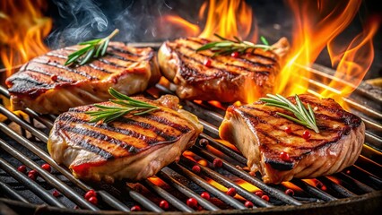 Juicy Panoramic Grilled Pork Chops, Seasoned & Sizzling on BBQ