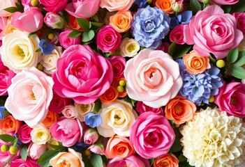 Elegant artificial rose, peony, hydrangea wall arrangement Blooming colorful floral texture background, anniversary, romantic