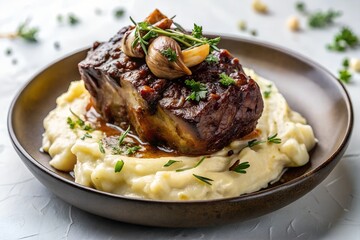 slow cooked short ribs with garlic mashed potatoes in white background
