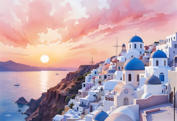 Watercolor Dreamscape – Santorini at Sunset
