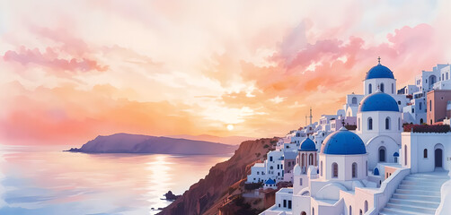 Watercolor Dreamscape – Santorini at Sunset