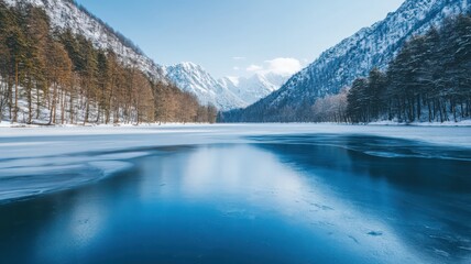 Partially Frozen Lake Reflecting Snow Capped Mountains and Pine Forests Under Clear Blue Sky