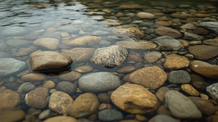 Fototapeta premium Natural riverbed with smooth pebbles and clear water reflecting the surrounding landscape in a tranquil outdoor setting
