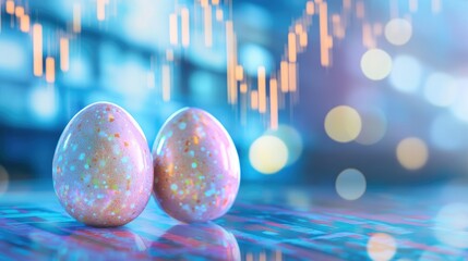 Double exposure of Easter eggs on stock market charts - glassy blue office interior with bokeh light effects, financial Easter