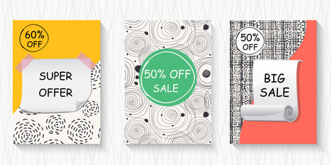 Big sale banner set. Special offer price label design. Super Sale promotion banner template. Doodle background. Vector Illustration