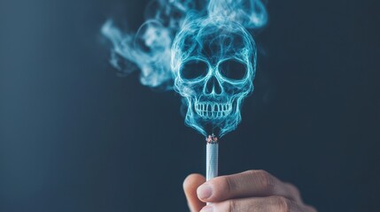 A hand holds a cigarette with smoke forming a glowing skull shape, emphasizing themes of danger and mortality.