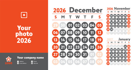 December 2026 calendar. New year wall planner design. English calender. Red color vector template. Week starts on Sunday. Business planning.